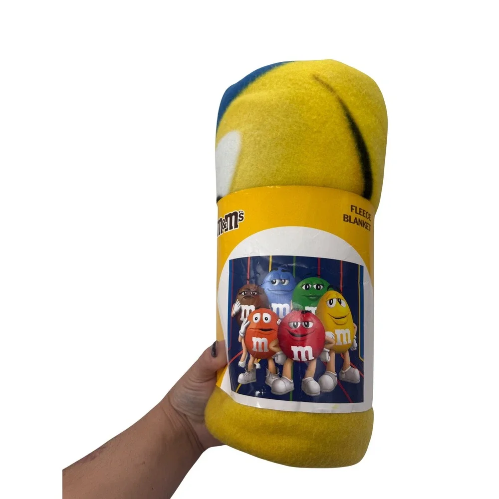 M&M's Character Fleece Throw Blanket Yellow 50x60 Multi Color Candy Graphic NEW